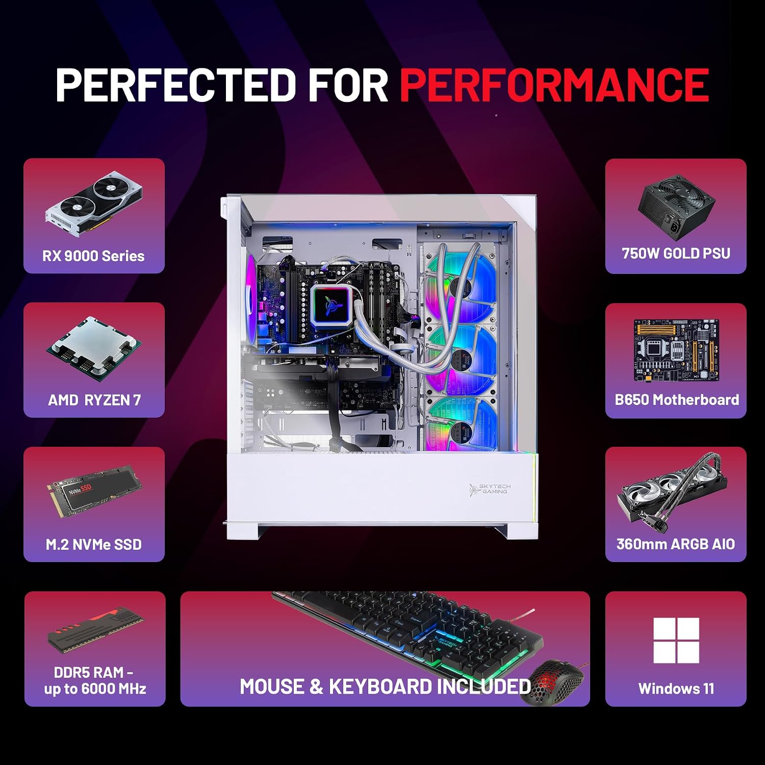 Skytech Gaming Archangel 5 Gaming PC, AMD Ryzen 7 9800X3D 4.7GHz, AMD RX 9070XT 16GB VRAM, 2TB Gen4 NVMe SSD, 32GB DDR5 RAM 6000, 750W Gold PSU, 360 ARGB AIO, WI-FI 5, Windows 11, Desktop
