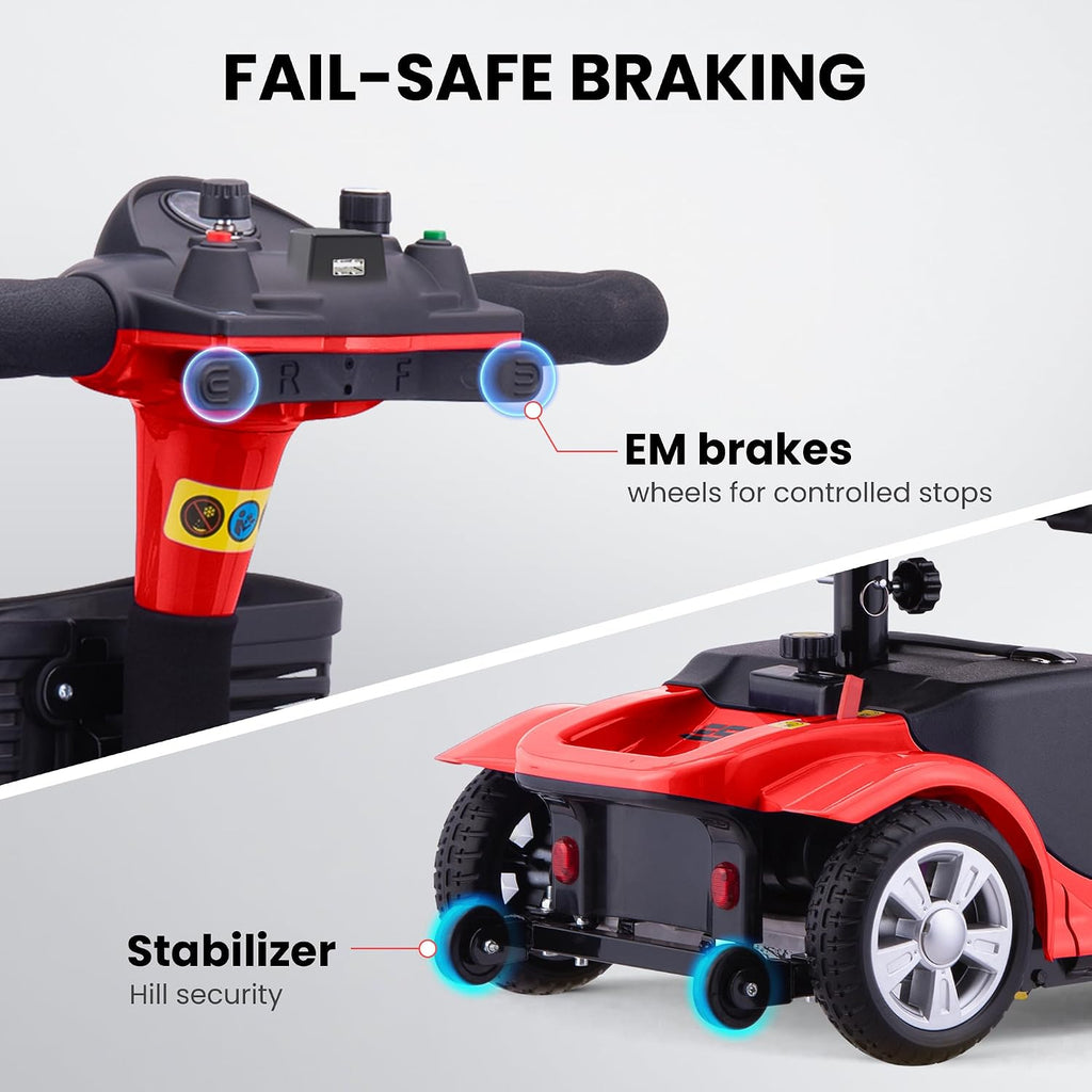 Mobility Scooter for Adults, Senior, 4 Wheels Electric Powered Chargeable Device for Travel, Lightweight and Portable, with LED Headlights and Basket, Charger Included, Red/Blue (RED red)