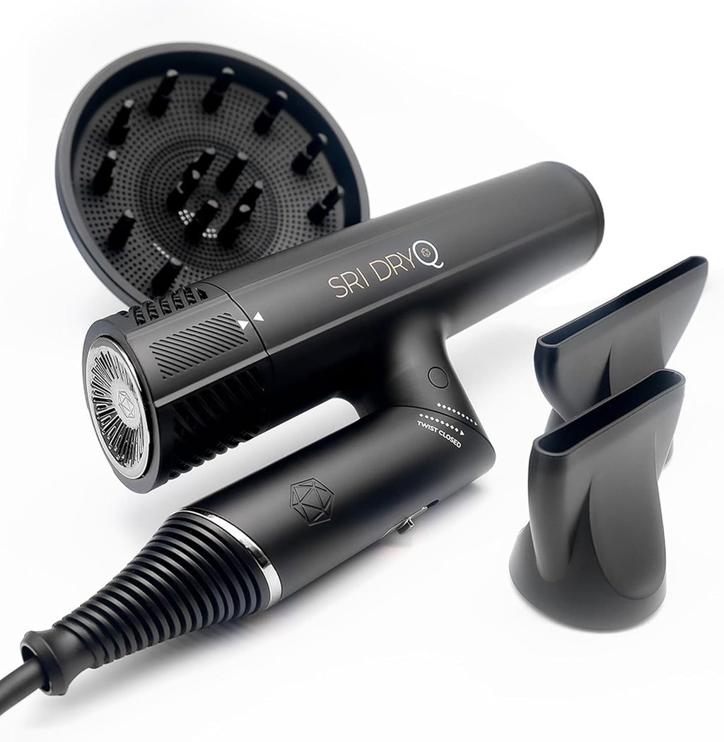 SRILabs DryQ 'Smart' Hair Dryer – Super Lightweight, Foldable – Powerful, Quiet Motor – Infrared & Ionic Technology – 3 Magnetic Attachments – Heat Control with Locking Switch