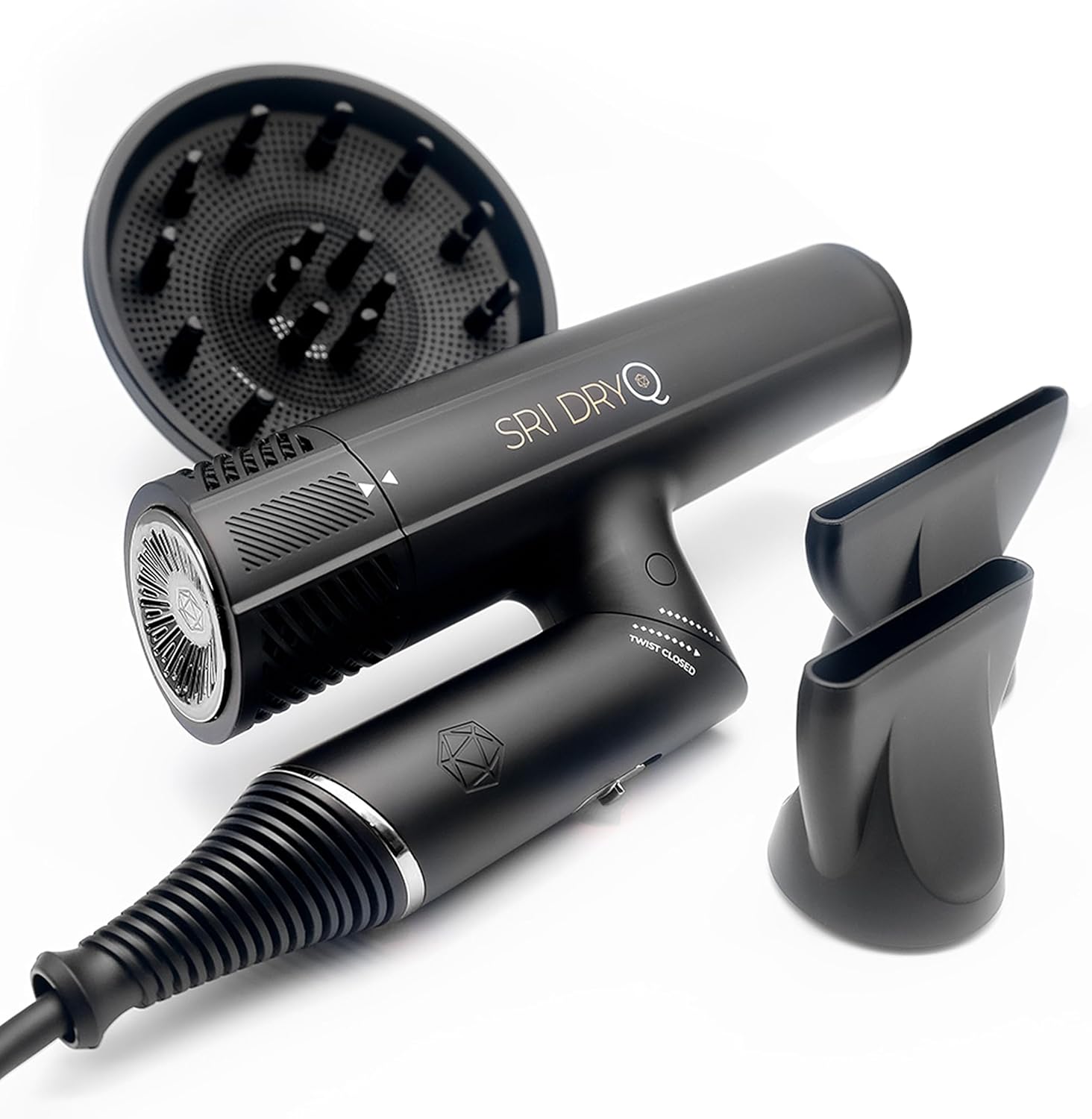 SRILabs DryQ 'Smart' Hair Dryer – Super Lightweight, Foldable – Powerful, Quiet Motor – Infrared & Ionic Technology – 3 Magnetic Attachments – Heat Control with Locking Switch