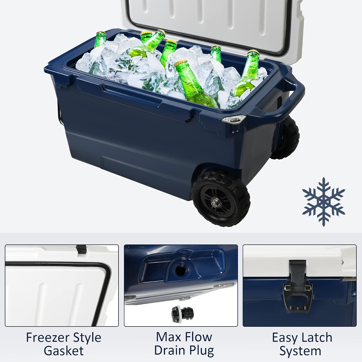 LUCKYERMORE 52Qt Portable Ice Cooler with Wheels & Handle, 30% Lighter Than Rotomolded Coolers, Heavy Duty Hard Cooler for Camping, Fishing, Road Trips, 5-Day Cold Retention