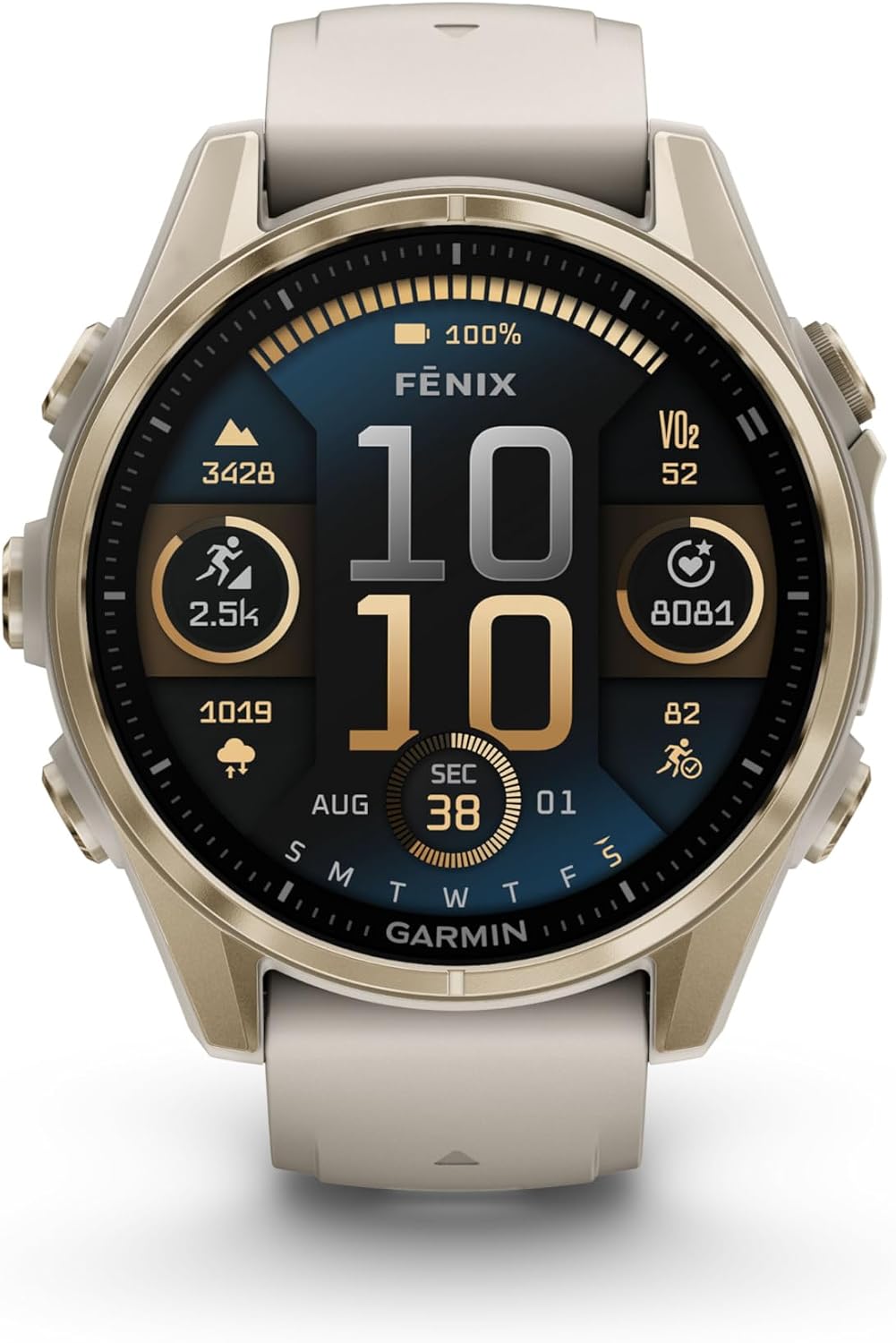 Garmin Fenix 8 43MM AMOLED Sapphire Premium Multisport GPS Smartwatch Soft Gold with Fog Gray/Sandstone Silicone Band, Built-in LED Flashlight, Health & Fitness Smart Watch Bundle for Men & Women
