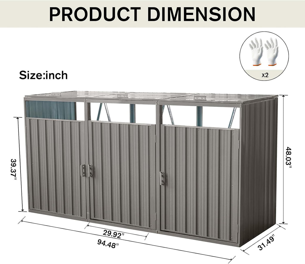 【LuckyNote】 Garbage Bin Shed Stores 3 Trash Cans Metal Outdoor Bin Shed for Garbage Storage,Stainless Galvanized Steel, Bin for Garden Yard Lawn,Grey