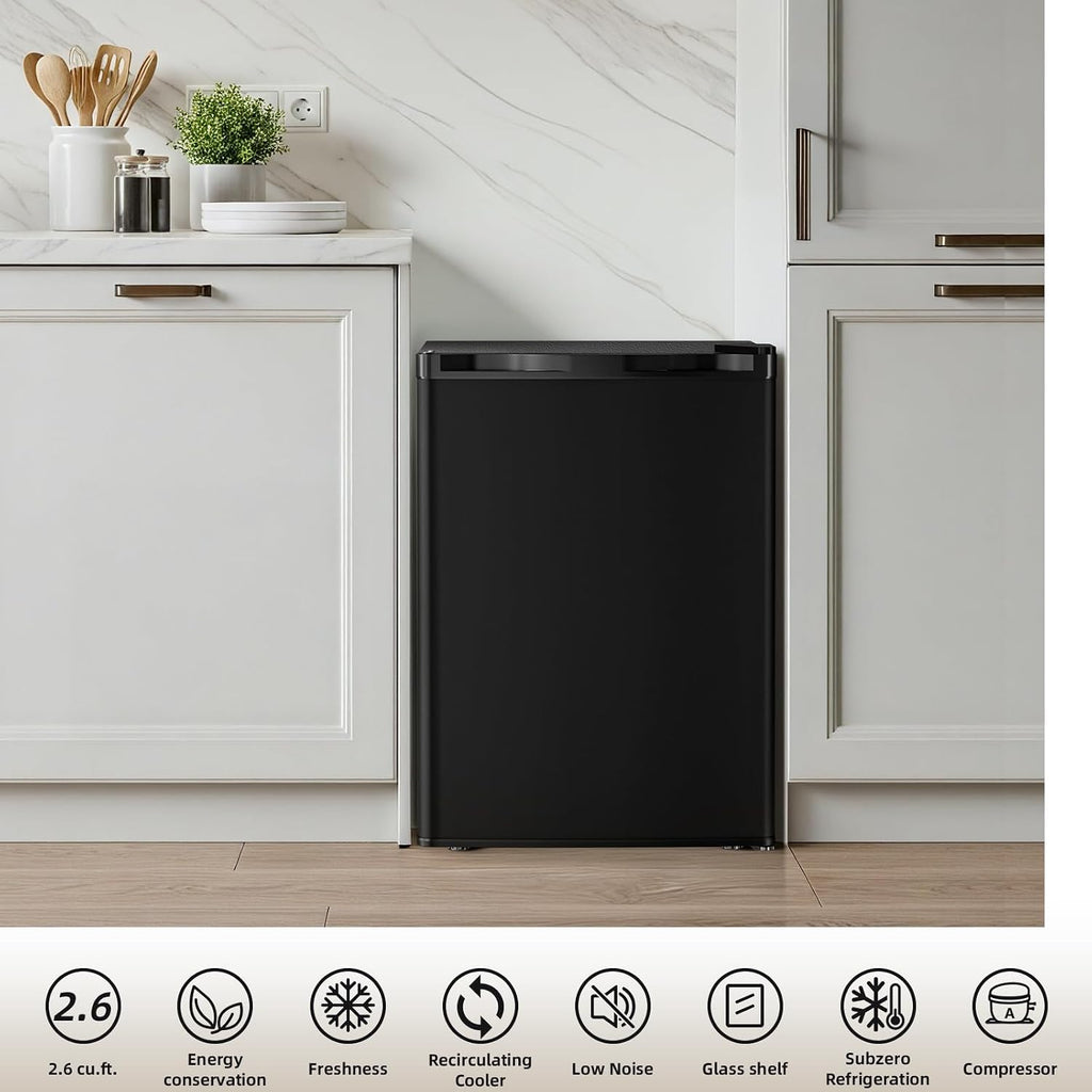 Antarctic Star 2.6 Cu.Ft.Compact Refrigerator with Freezer, Mini Fridge Single Door with Adjustable Thermostat,Removable Glass Shelves for Apartment,Dorm,Office,Kitchen，BLACK