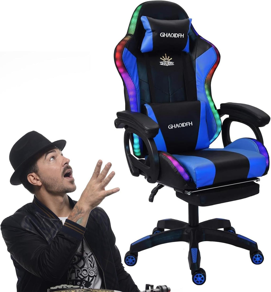Gaming Chair with Bluetooth Speakers,Computer Chair Massage with LED Lights,Ergonomic Game Chair,Computer Stool with Footrest and Lumbar Support Height Adjustable with 360°-Swivel Seat (Blue)