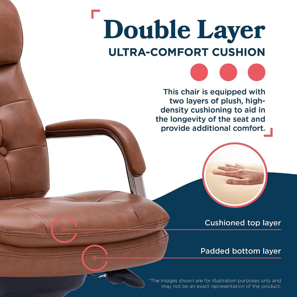 La-Z-Boy Sonata Executive Mid-Back Office Chair, Button-Tufted Seat and Back, Double-Layer Cushion, Padded Armrests, Ergonomic Computer DeskChair, Swivel Metal Base, Bonded Leather, Cognac/Graphite
