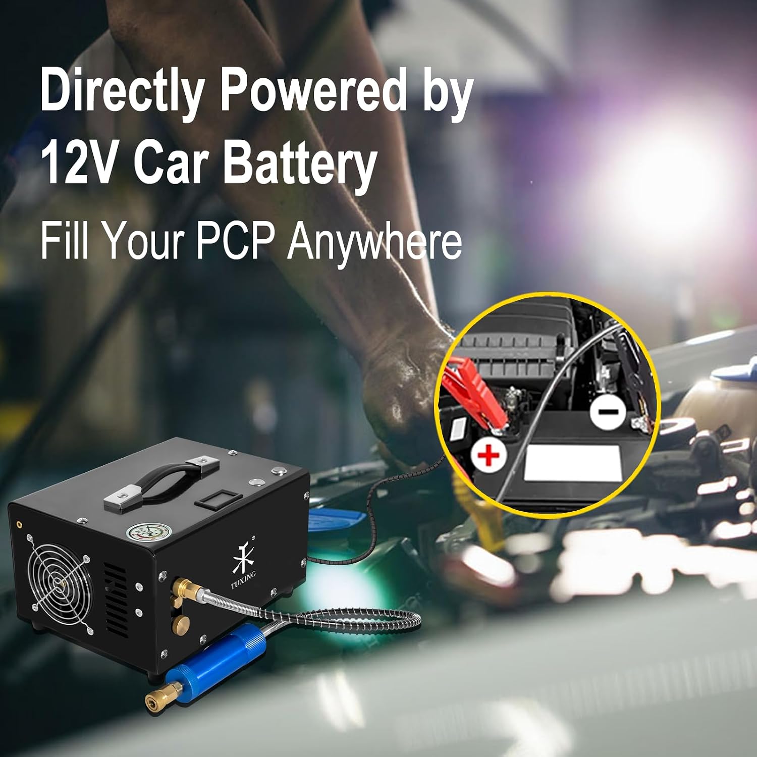 TUXING PCP Air Compressor 4500Psi, 30Mpa Portable PCP Airgun Compressor with External Converter, Powered by 12V Car DC or Home 110V AC, for Air Gun and Paintball/Scuba Tank
