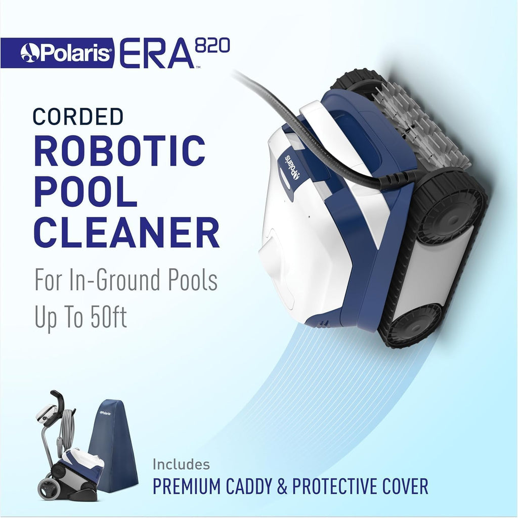 Polaris ERA 820 Robotic Pool Cleaner with Cyclonic Vacuum, Dual Brushes, 60ft Swivel Cable, Large Canister, Caddy & Cover – for In-Ground Pools