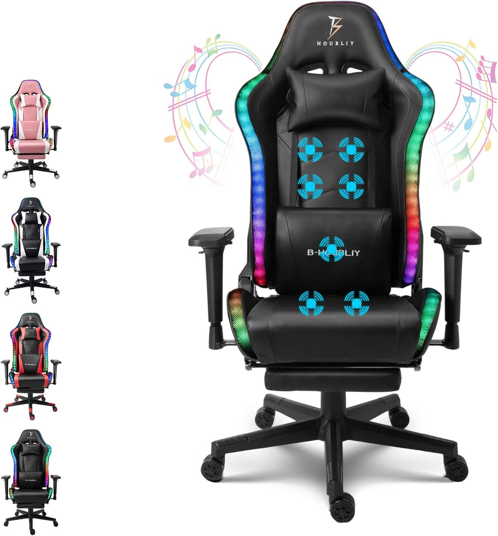 Big and Tall Gaming Chair with Speakers and RGB Lights 7-Point Massage Ergonomic PC Computer Chair with Footrest Headrest Lumbar Support 4D Armrests PU Leather Game Chair Racing Chair,Black