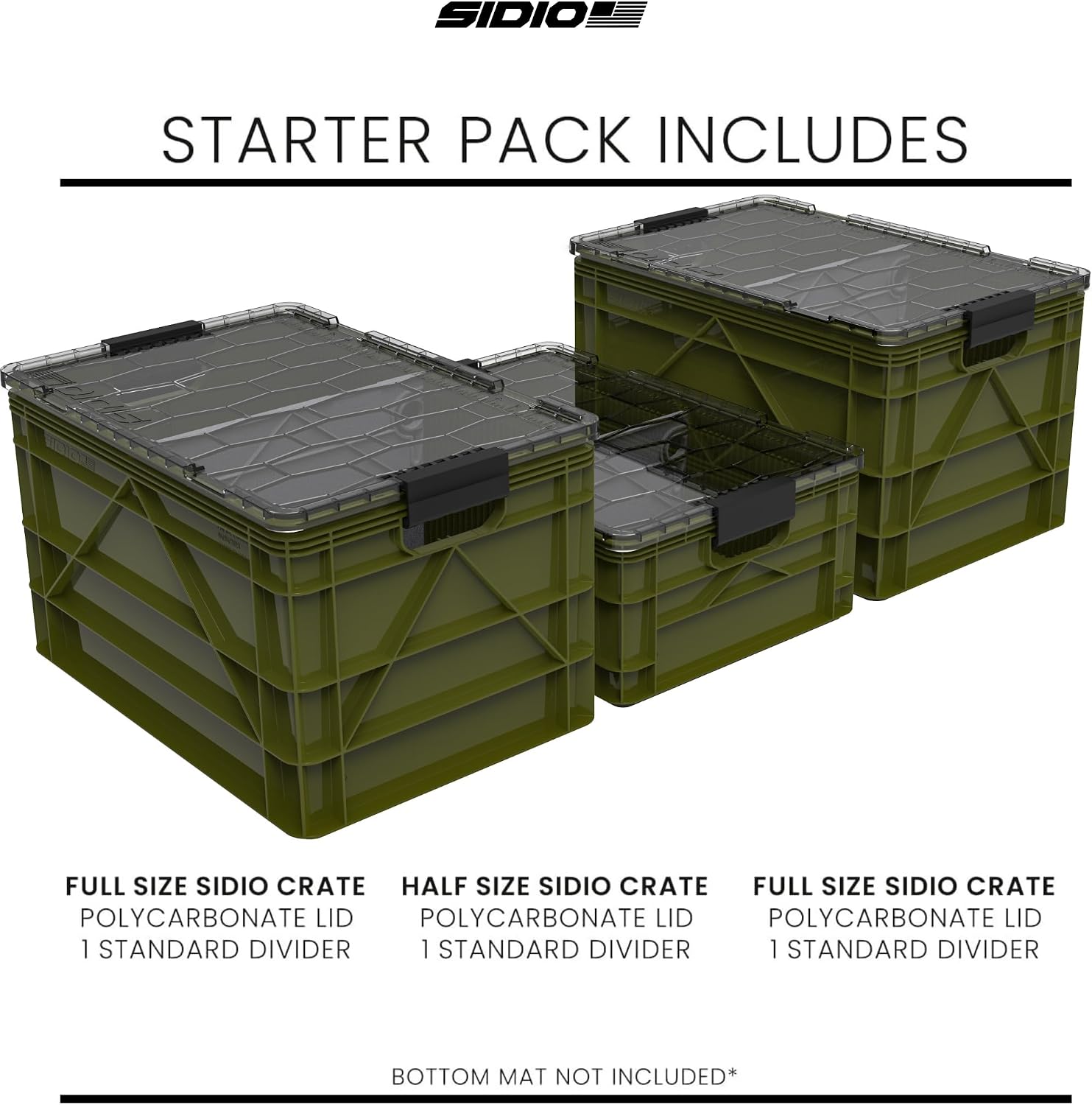 SIDIO CRATE Starter Pack - Two Full Size and One Half Size SidioCrate, Stackable Outdoor Organizer Storage Bins with Clear Lid and Dividers - Green