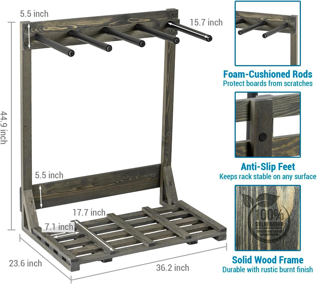 MyGift 4-Ft Tall Rustic Burnt Wood Freestanding Vertical Surfboard Rack, Wakeboard SUP Paddleboard Storage Rack - Holds up to 4 Boards
