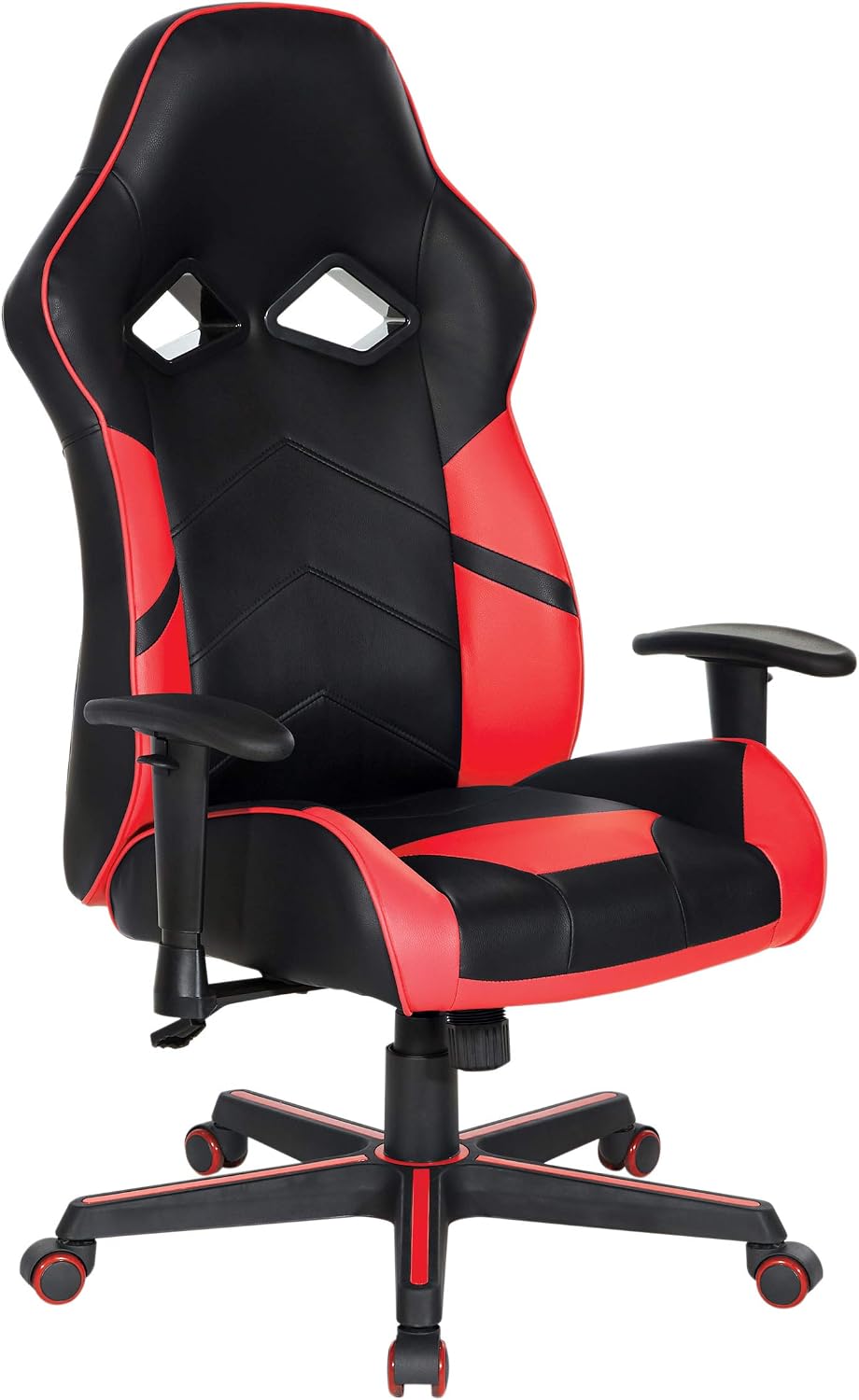 OSP Home Furnishings Vapor Ergonomic Adjustable High Back Faux Leather Gaming Chair with Coil Spring Seat and Integrated Cooling Airflow, Red Accents