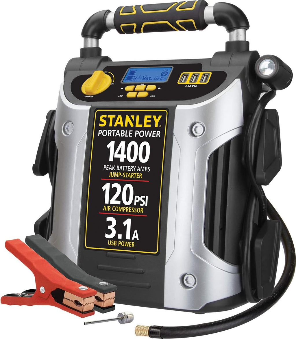 Stanley J7C09D 1400 Peak Amp Automotive Jump Starter, Portable Power – Triple 15W USB Ports, 120 PSI Air Compressor for Tires & Sports Equipment