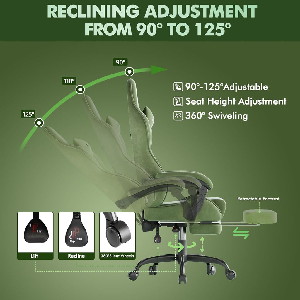 Huracan Velvet Fabric Racing Gaming Chair for Adults - Ergonomic Gamer Chair with Massage Lumbar, Footrest & Spring Cushion | Home Office/Video Game Chair, Green