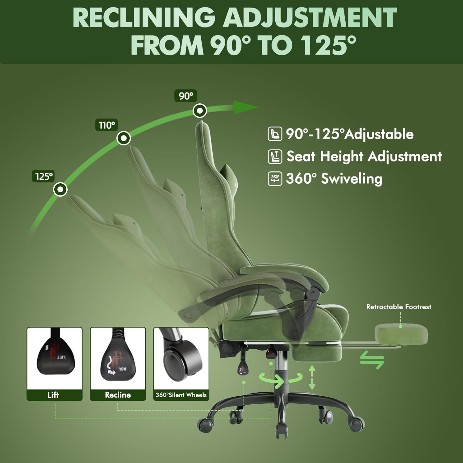Huracan Velvet Fabric Racing Gaming Chair for Adults - Ergonomic Gamer Chair with Massage Lumbar, Footrest & Spring Cushion | Home Office/Video Game Chair, Green