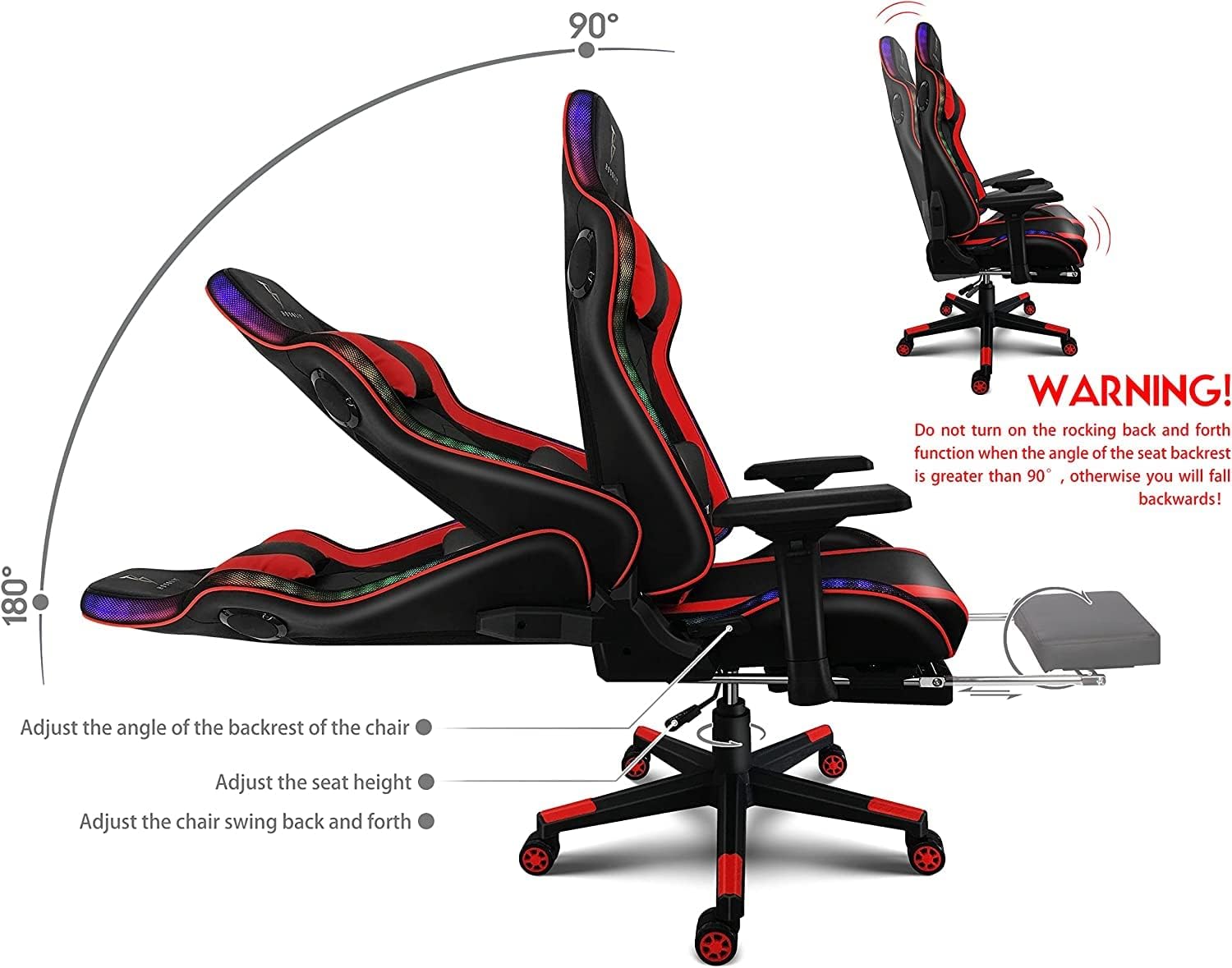 Gaming Chair with Full Massage Function, High Back Racing Rocking Chair Gaming Chair with Speakers and RGB Lights, Ergonomic Gaming Chair with Footrest. Adult Teen Computer Chair.,Red