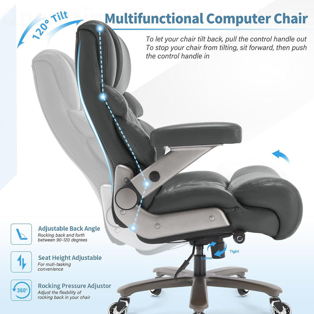 VUZI 700lbs Big and Tall Office Chair-Large Computer Chair with Adjustable Lumbar Support 3D Flip Arms Plus Size Wheels, High Back Executive Desk Chair, Heavy Duty Metal Base, Thick Padded Wide Seat