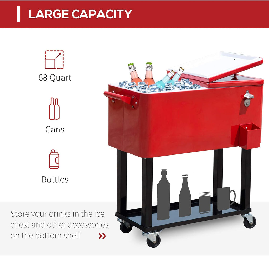 Outsunny 80 QT Rolling Cooling Bins Ice Chest on Wheels Outdoor Stand Up Drink Cooler Cart for Party, Red
