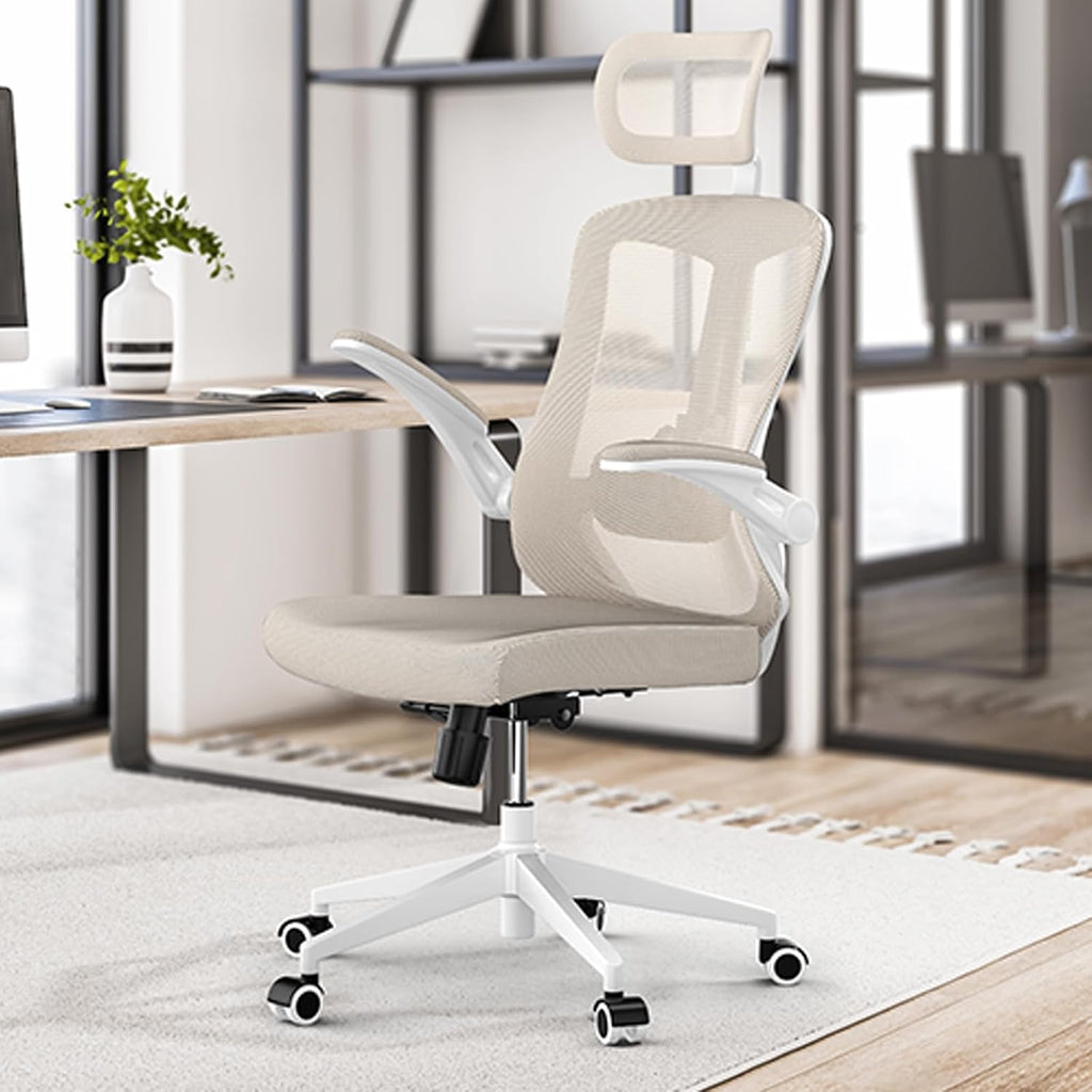 Ergonomic Office Chair with Adjustable Lumbar Support & Flip-Up Armrests - High Back Computer Desk Chair with Thickened Seat Cushion, Rolling Wheels for Home/Office Study Work (07khaki)