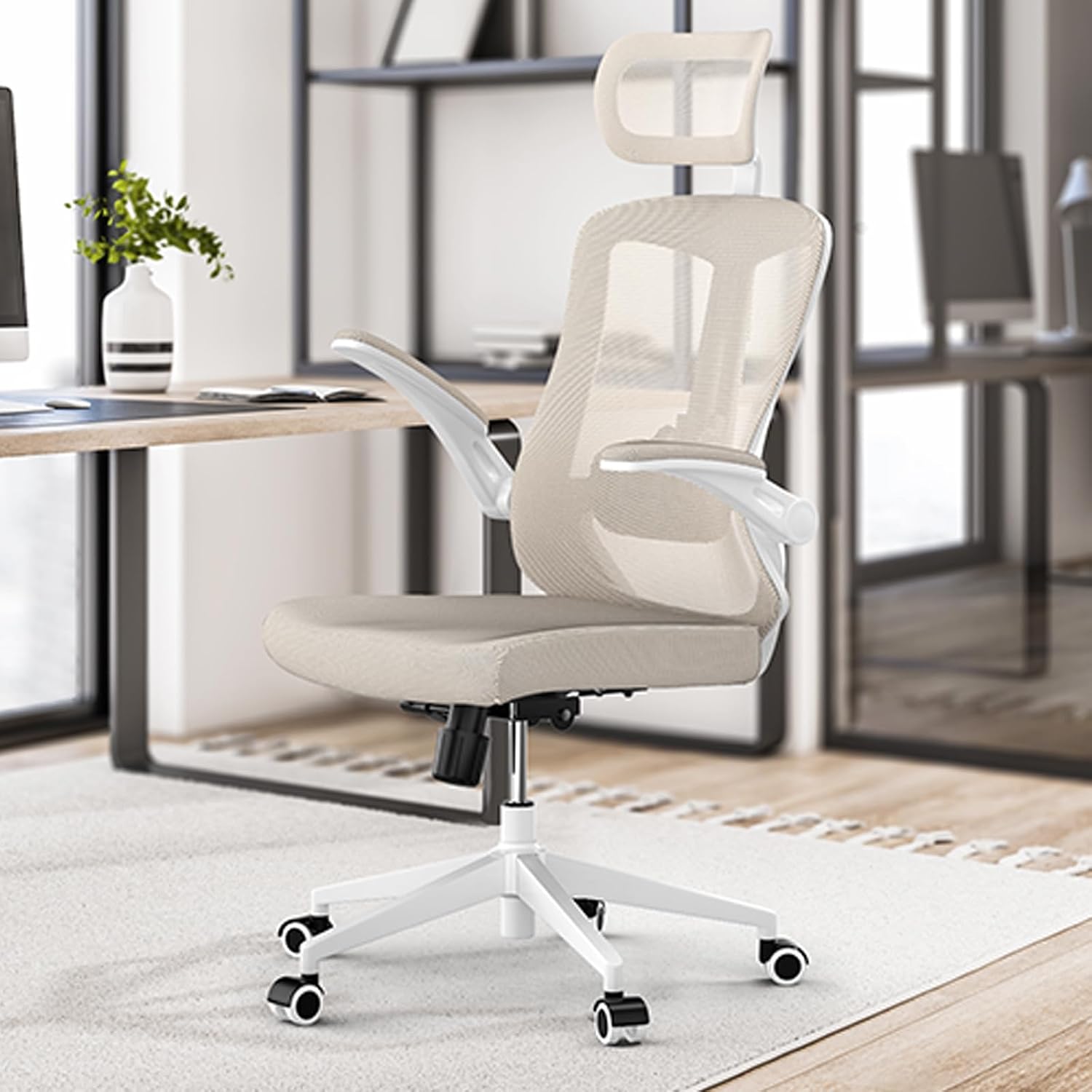 Ergonomic Office Chair with Adjustable Lumbar Support & Flip-Up Armrests - High Back Computer Desk Chair with Thickened Seat Cushion, Rolling Wheels for Home/Office Study Work (07khaki)