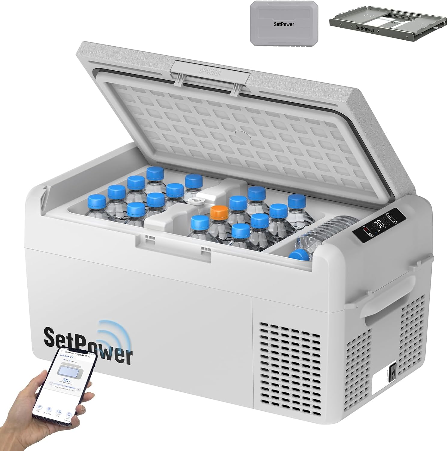 Setpower 21 Quart 12V Refrigerator (Grey) – 50 Hours Backup Cooling with PG216 Portable Power Station and Slide, Portable Camping Freezer, Electric Cooler for Car, Truck, Van, RV, SUV