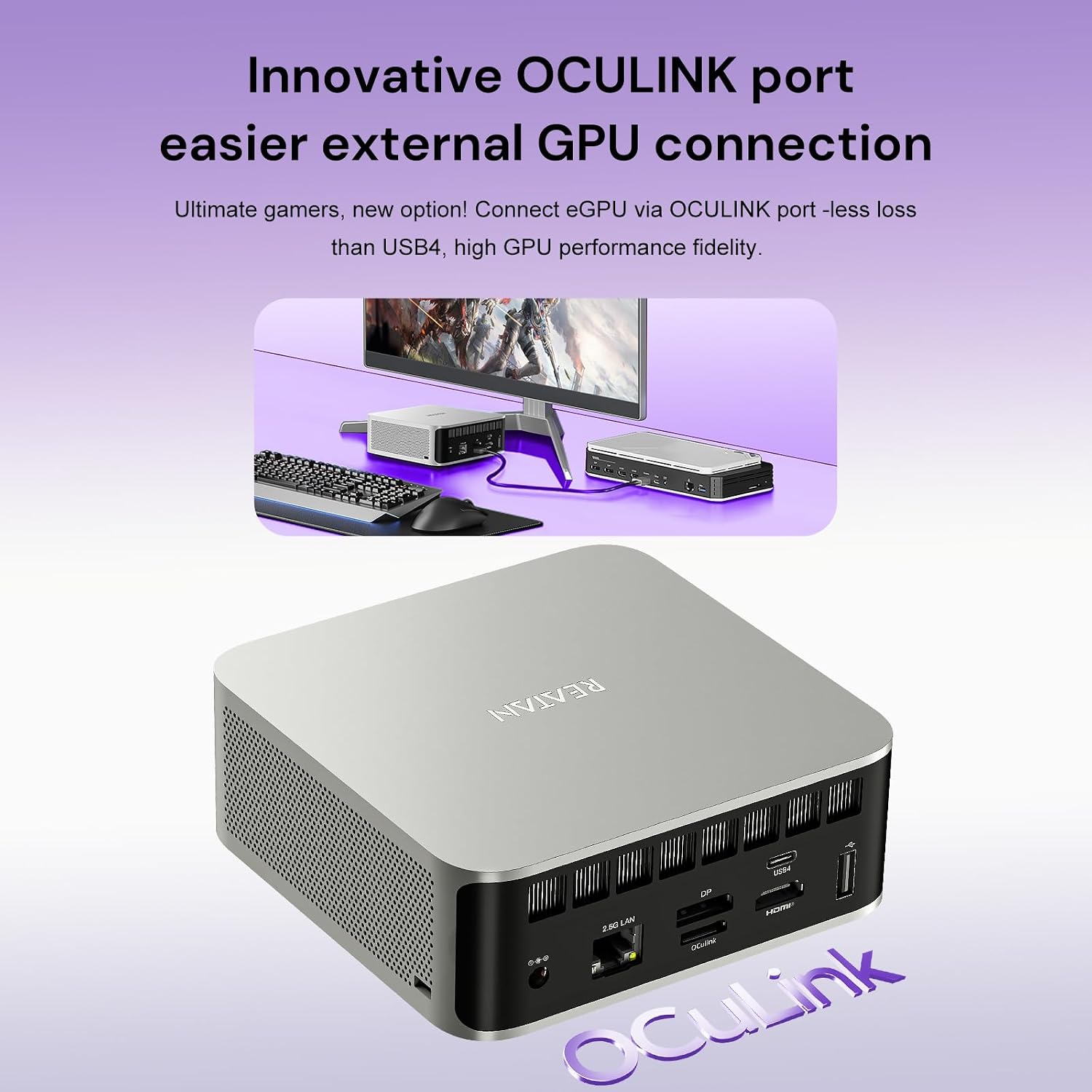 Reatan Mini Gaming PC, Latest AMD Ryzen AI 9 HX 470 Processor, 12C/24T Up to 5.2GHz, 48GB DDR5+ 2TB SSD, Radeon 890M GPU, 8K Quad Display, Built-in Speaker, Oculink, WiFi 7, BT 5.4, Compact Desktop