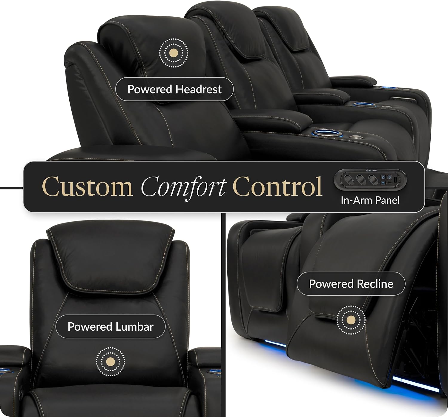 Seatcraft Equinox Zero-Gravity CoolZero Italian Leather Home Theater Seating, Powered Headrest, Powered Lumbar, Powered Recline, Row of 3, Black