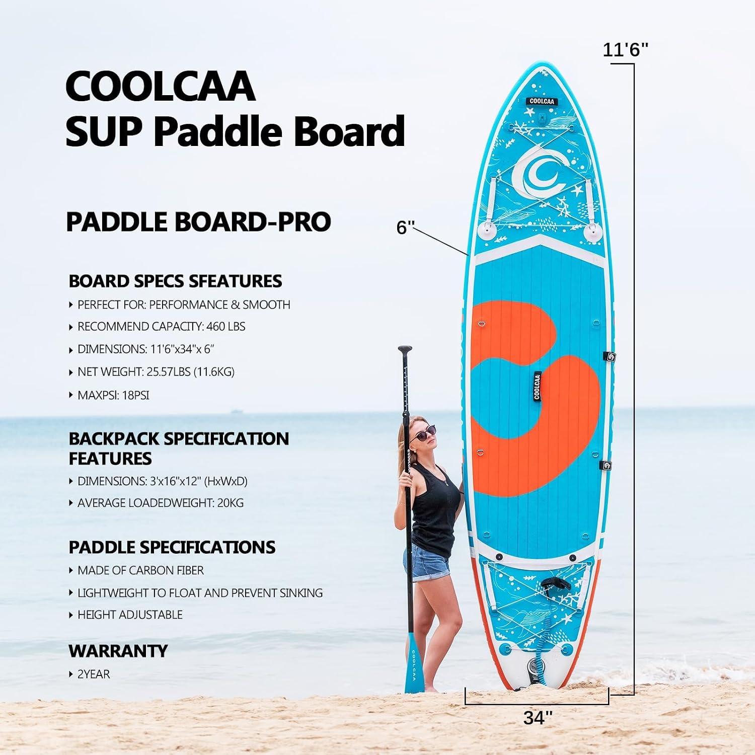 COOLCAA Mermaid 11'6' x 34' Extra Wide Inflatable Paddle Board, 490Lbs Capacity, Stable SUP for Family and Beginners, Perfect for Fishing & Water Activities, with Accessories & Backpack