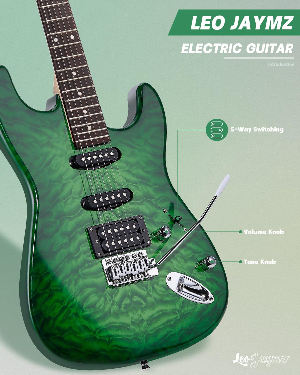 Leo Jaymz 39' Full Size ST Style Electric Guitar Starter Kit with SSH Pickup, 5W Portable Amp, Tuner, Gig Bag, Strap & Accessories (Green Ocean 5W)