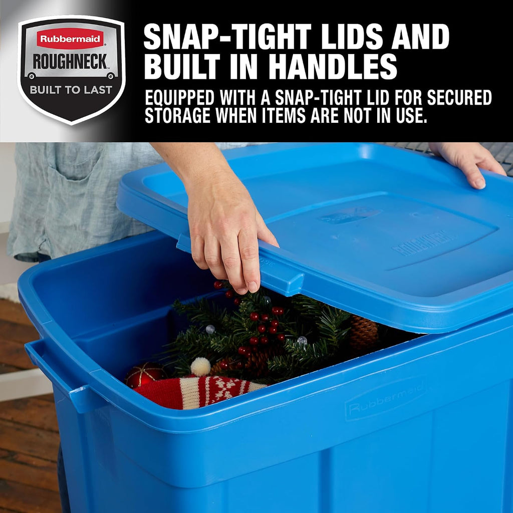 Rubbermaid Roughneck Tote 25 Gal, 4 Pack, Made in USA, Heritage Blue, Rugged Plastic Stackable Storage Bins with Lids and Handles
