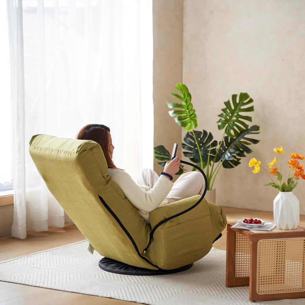 Yoglad Japanese Style Chaise Lounge Sofa with Phone Holder, 360-Degree Swivel Chair Floor Gaming Chair Lazy Sofa for Reading Game Meditating, 3 Adjustable Positions (Linen Lime Green)