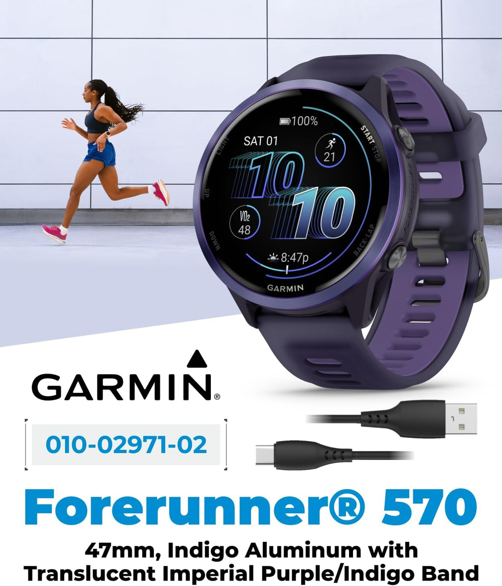 Garmin Forerunner 570 47mm Advanced GPS Running & Triathlon Smartwatch, AMOLED Display, Training & Recovery, Indigo Aluminum w/Translucent Imperial Purple/Indigo Band w/ Wearable4U BLK Earbuds Bundle