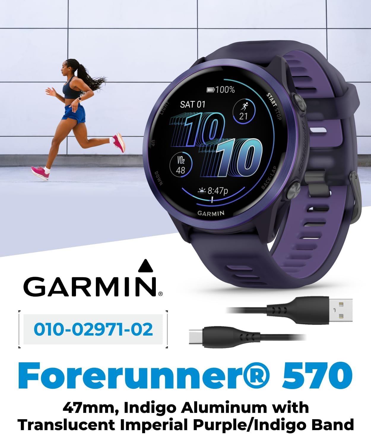 Garmin Forerunner 570 47mm Advanced GPS Running & Triathlon Smartwatch, AMOLED Display, Training & Recovery, Indigo Aluminum w/Translucent Imperial Purple/Indigo Band w/ Wearable4U PowerBank Bundle