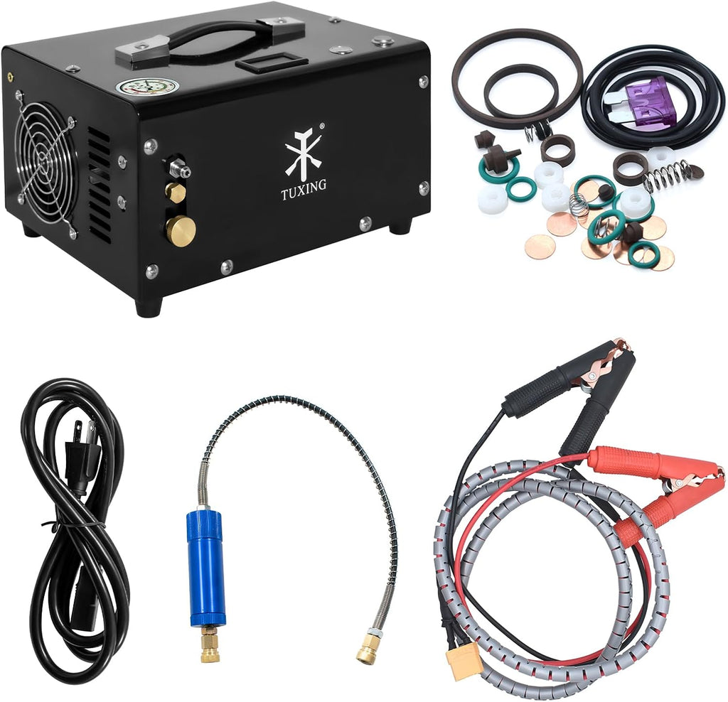 TUXING PCP Air Compressor 4500Psi, 30Mpa Portable PCP Airgun Compressor with External Converter, Powered by 12V Car DC or Home 110V AC, for Air Gun and Paintball/Scuba Tank