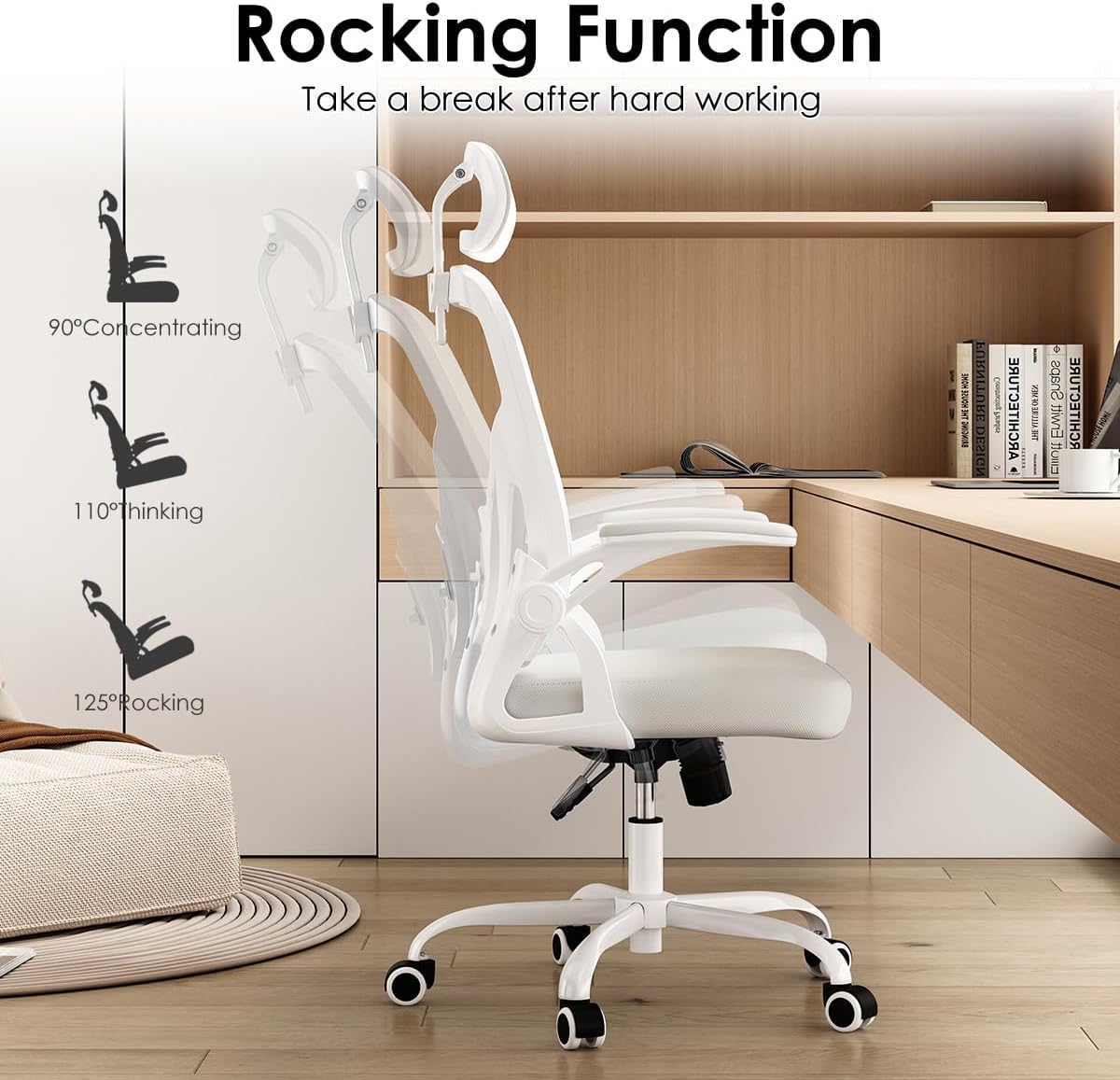 Farini Ergonomic Office Chair, Home Office Desk Chair with Headrest, High Back Swivel Computer Chair with Armrests and Adjustable Lumbar Support for Home Office Study Room, White & White