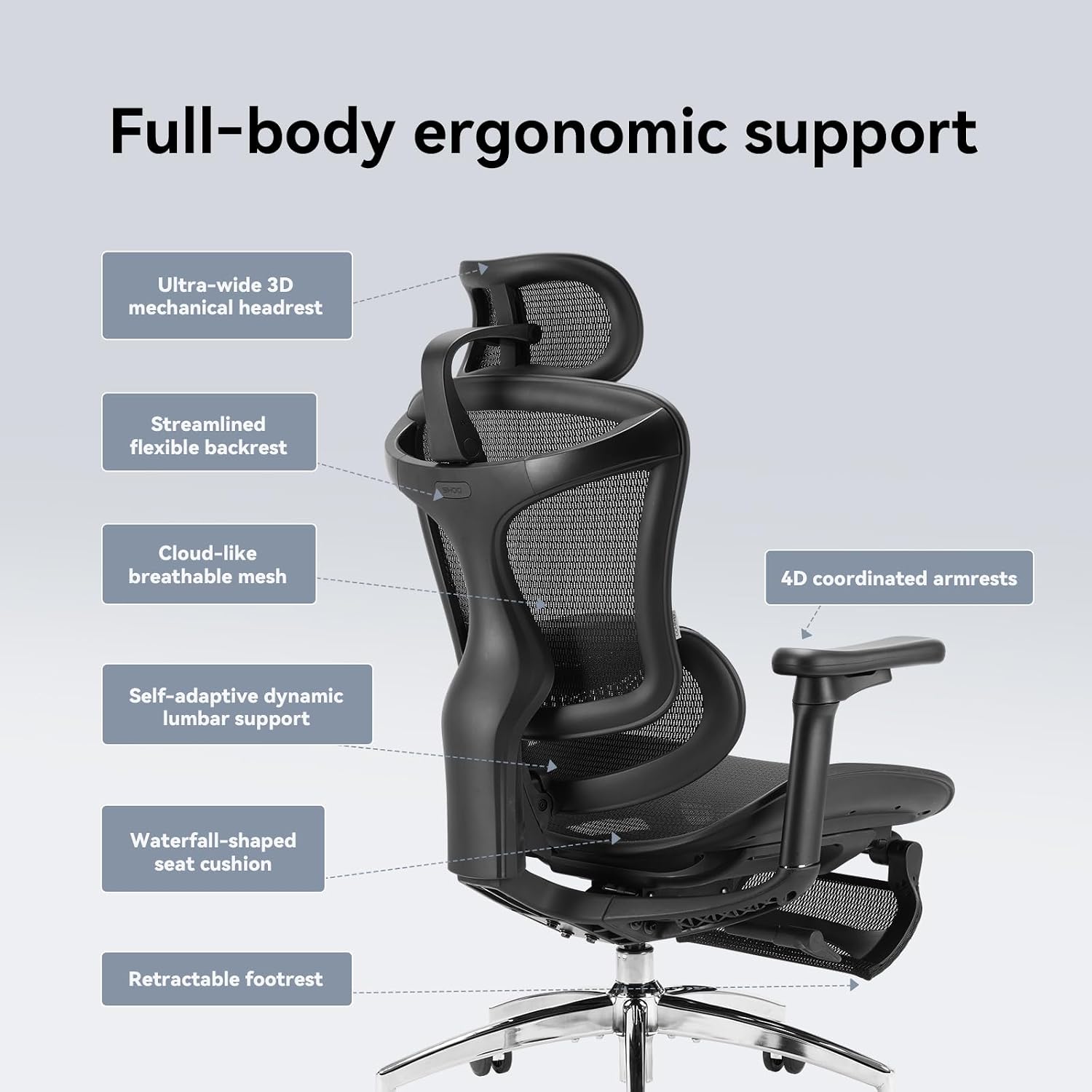 SIHOO Doro C300 Ergonomic Office Chair with Footrest, Ultra Soft 3D Armrests, Dynamic Lumbar Support for Home Office Chair, Adjustable Backrest Desk Chair, Swivel Big and Tall Computer Chair (Black)