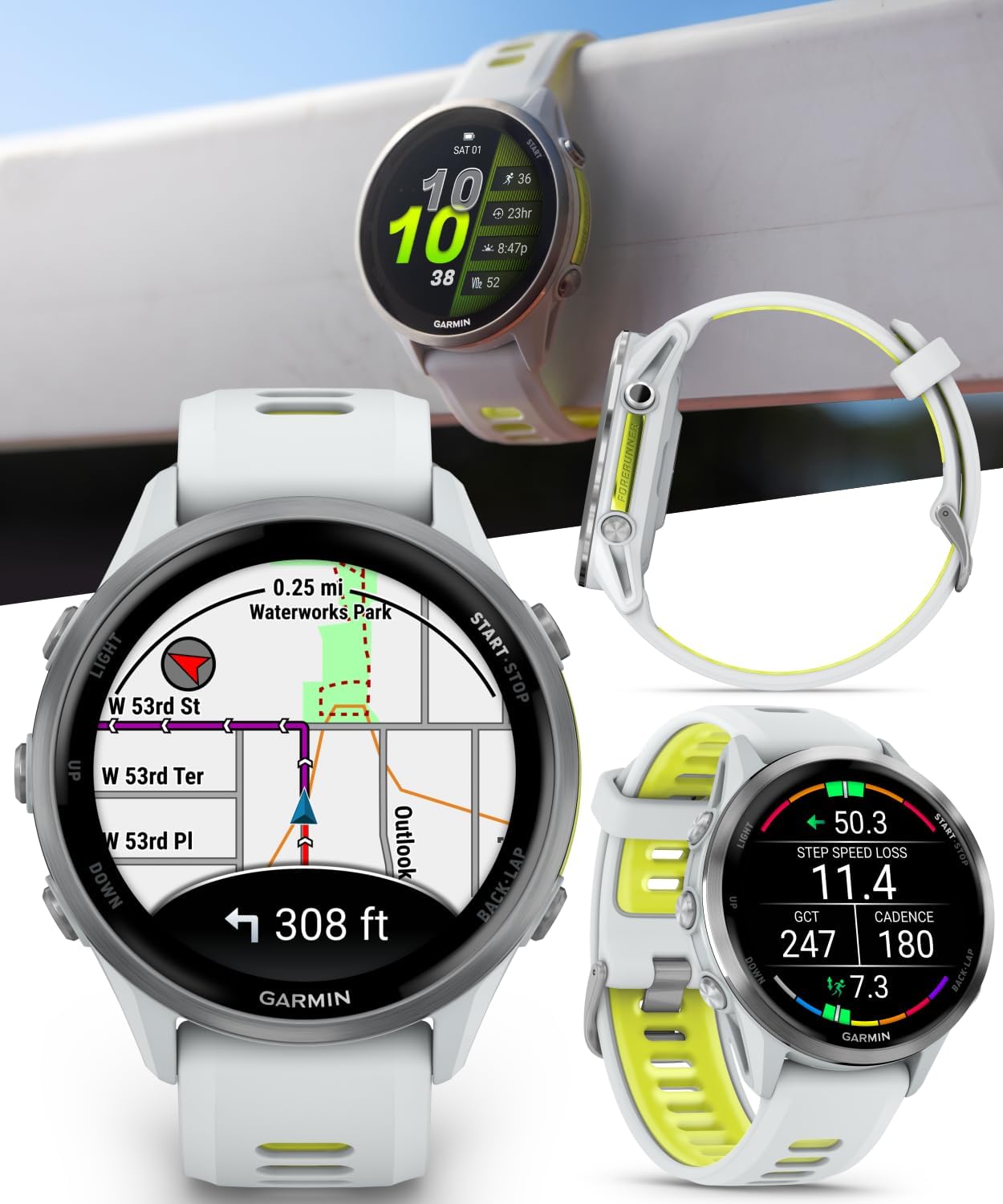 Wearable4U Garmin Forerunner 970 Titanium Smartwatch with Whitestone Case and Whitestone/Translucent Amp Yellow Band, AMOLED Display Black Earbuds Bundle
