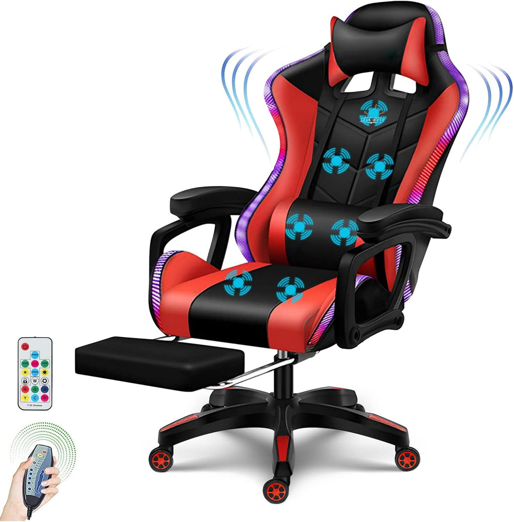 Ergonomic LED Gaming Chair with Speakers PU Leather Computer Chair for Teens Adults High Back Massage Office Desk Chair with Footrest Headrest Lumbar Support Recliner Video Game Chair,Red