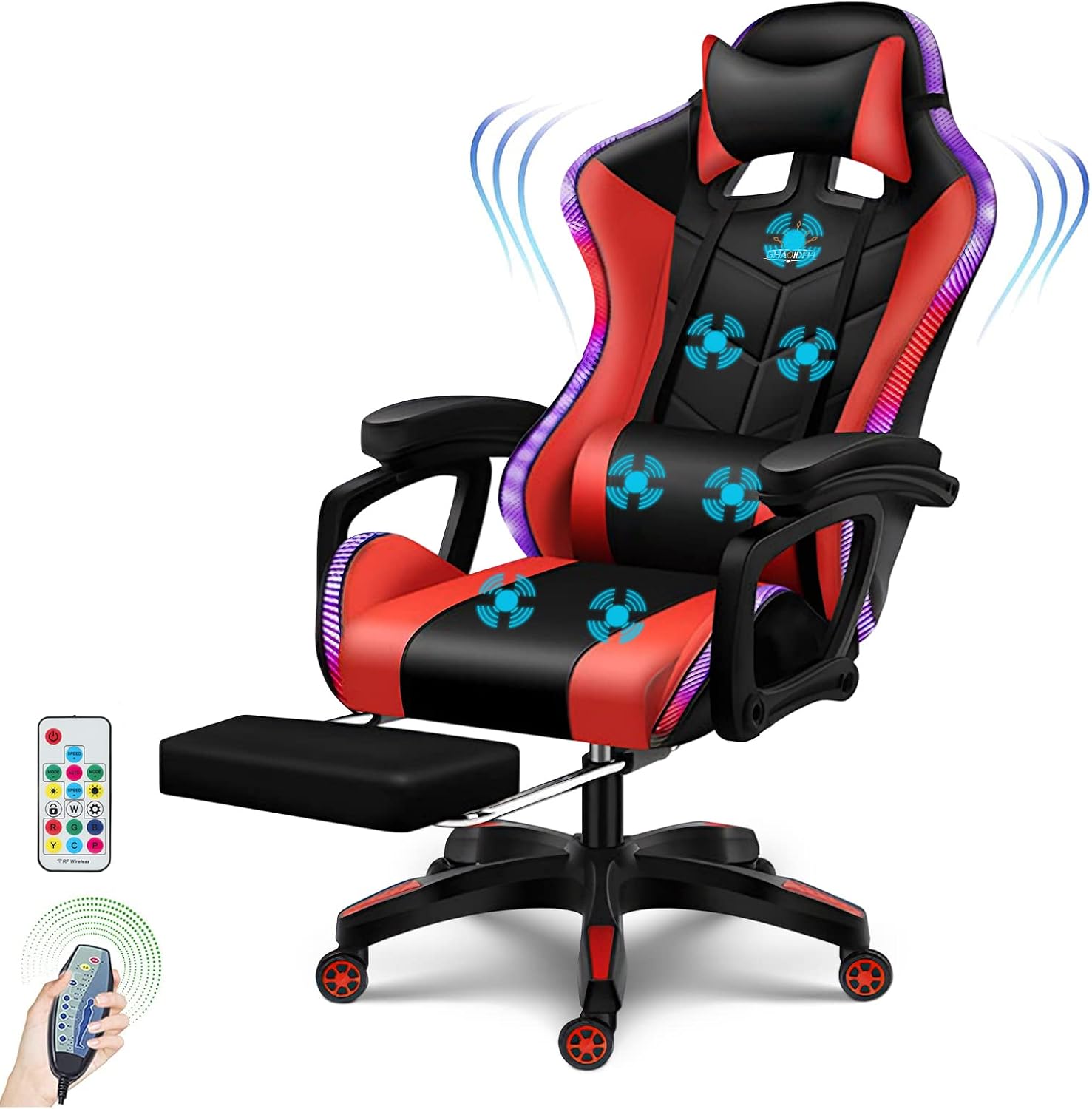 Ergonomic LED Gaming Chair with Speakers PU Leather Computer Chair for Teens Adults High Back Massage Office Desk Chair with Footrest Headrest Lumbar Support Recliner Video Game Chair,Red