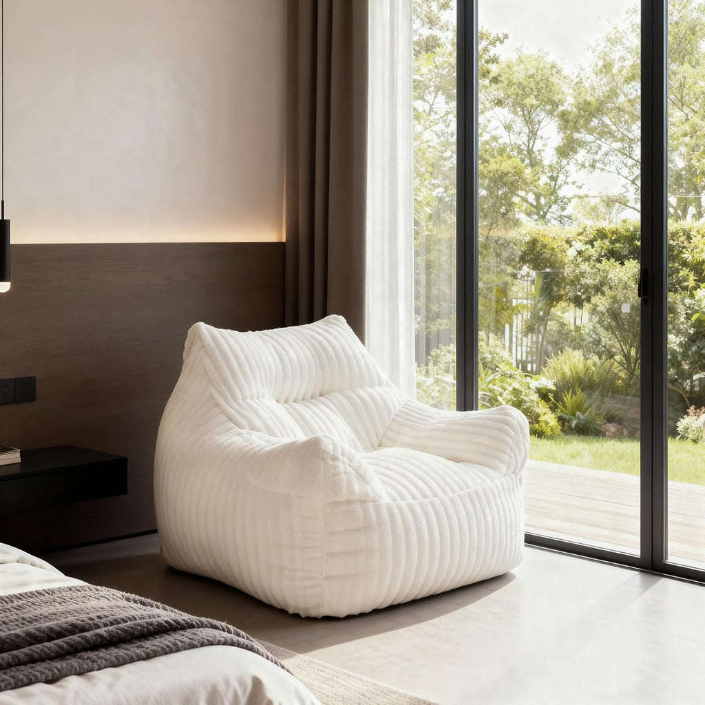 Fuzzy Bean Bag Chairs for Adults with Armrests & Back Support, Oversized Fireside Chair Alternative, Plush Floor Sofa Bed for Living Room, Bedroom, Dorm, Lounge, Gaming White