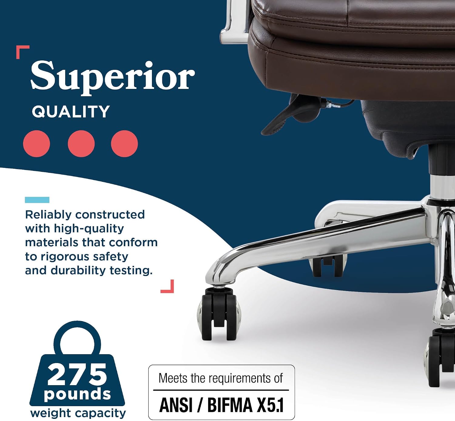 La-Z-Boy Sonata Executive Mid-Back Office Chair, Button-Tufted Seat and Back, Double-Layer Cushion, Padded Armrests, Ergonomic Computer DeskChair, Swivel Metal Base, Bonded Leather, Dark Brown/Chrome