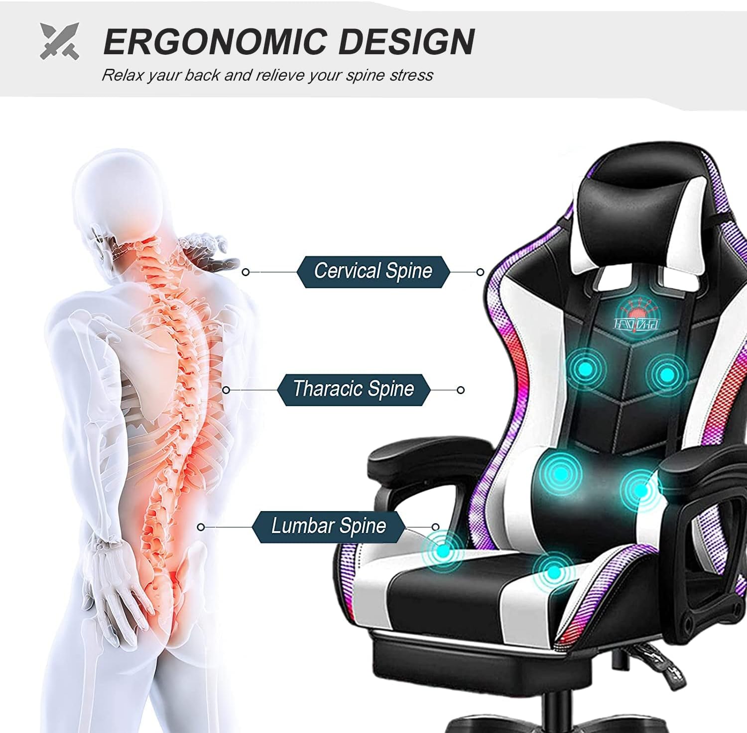 XOOFMASS Gaming Chair with Speakers Video Game Chair with RGB LED Lights Ergonomic Racing Office Chair, PU Leather Recliner Computer Chair Swivel E-Sports Chair with Armrest and Lumbar Support,Red