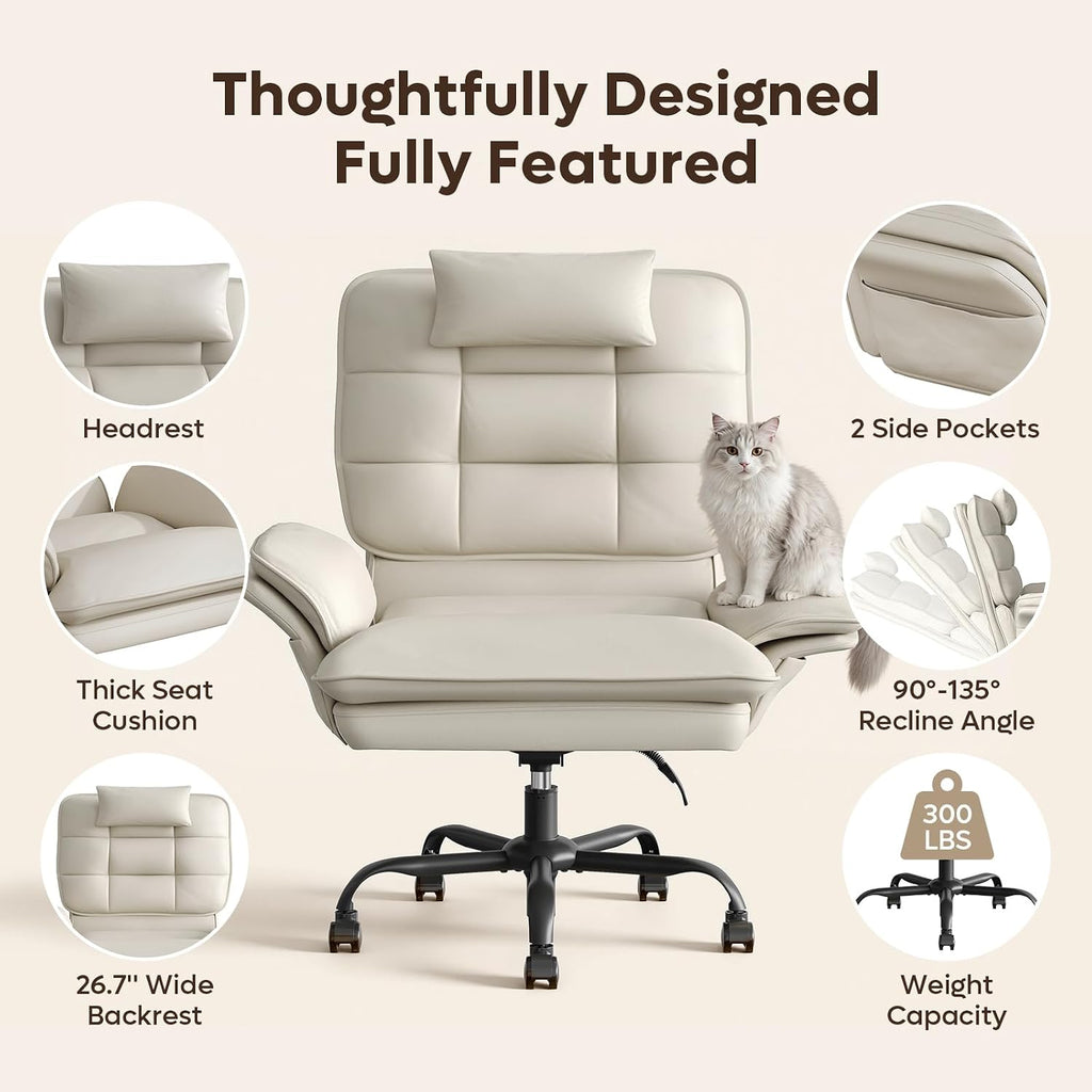 Bestier Cross Legged Office Chair Criss Cross Chair with Adjustable Arms 135° Reclining PU Leather Executive Chair with Wheels Big and Tall Computer Desk Chair for Home Office Beige
