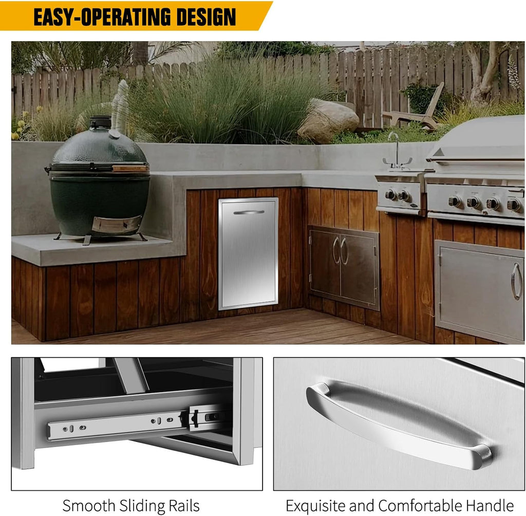 13.4''Wx25.7''Hx19.6''D Pull-Out Trash Drawer, Pull-Out Tray Outdoor Kitchen Stainless Steel Built-in Trash Bin for BBQ Island Grill Station