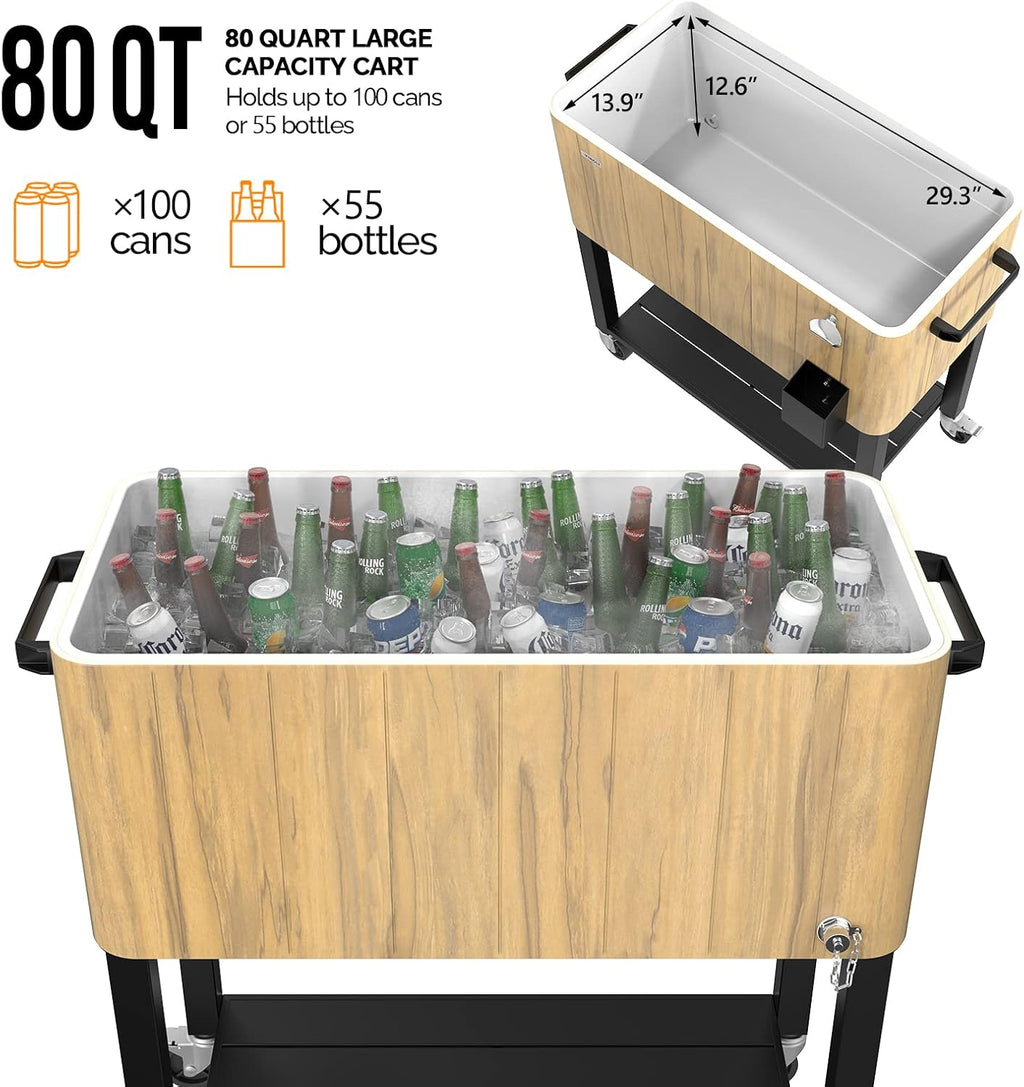 VINGLI 80 Quart Rolling Ice Chest on Wheels, Patio Cooler Cart, Beverage Rolling Cooler for Outdoor Patio Deck Party