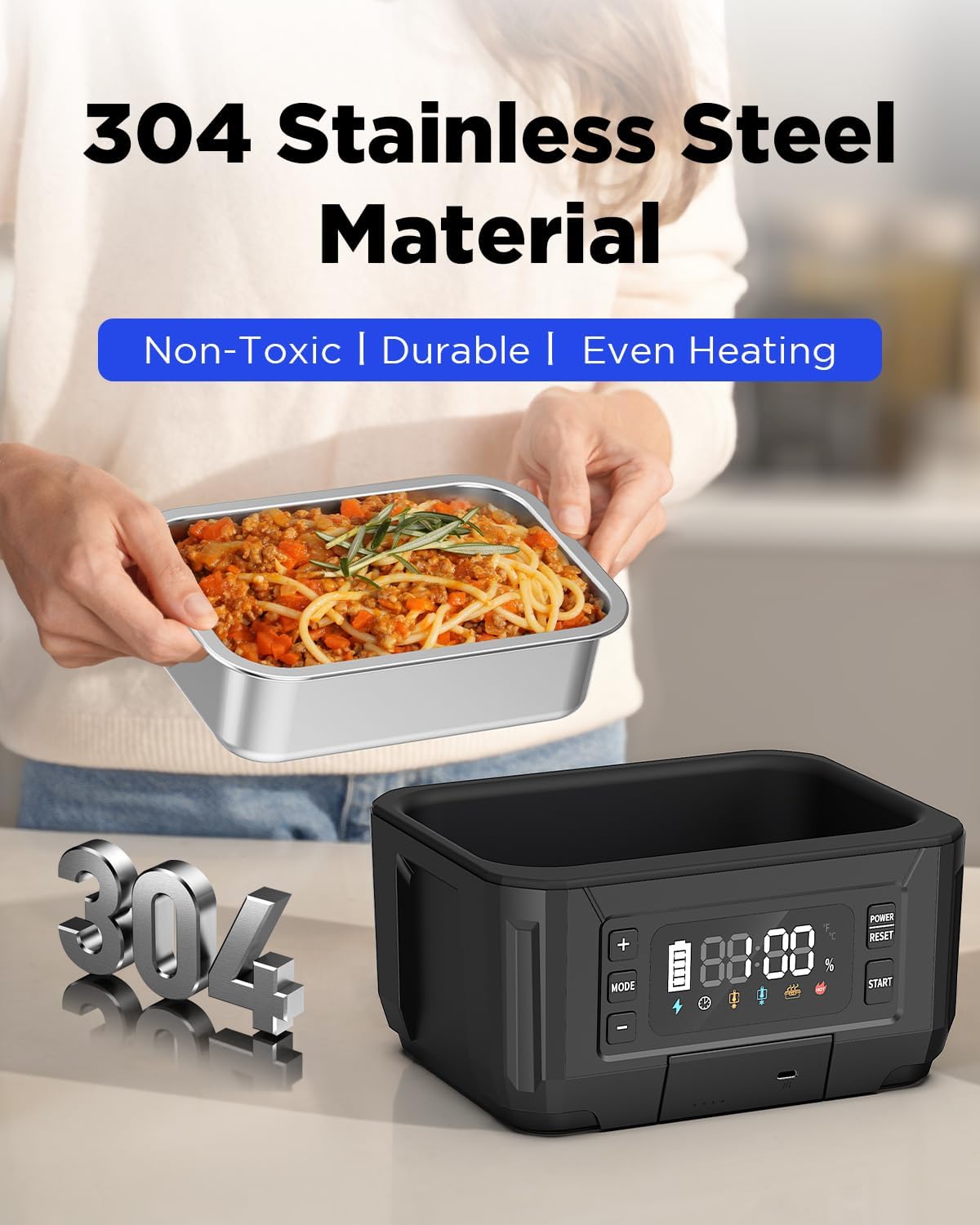 Cordless Electric Lunch Box for Adults – 1.2L Stainless Steel Self-Heating Lunch Box with Dual 20000mAh Removable Rechargeable Batteries, Portable Heated Food Warmer for Work, Travel & Office