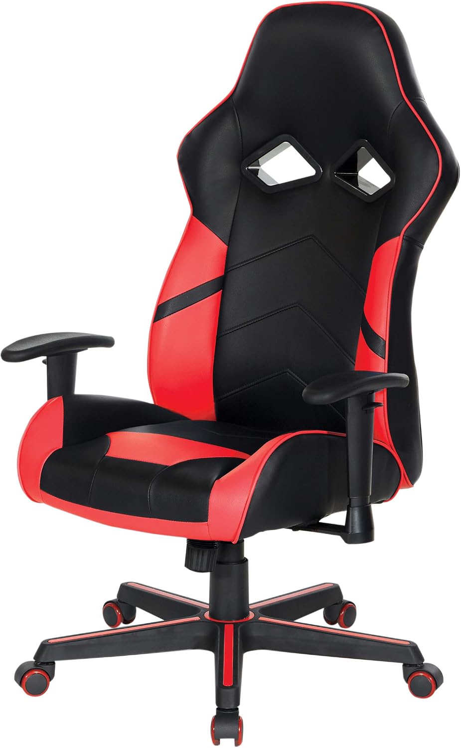 OSP Home Furnishings Vapor Ergonomic Adjustable High Back Faux Leather Gaming Chair with Coil Spring Seat and Integrated Cooling Airflow, Red Accents