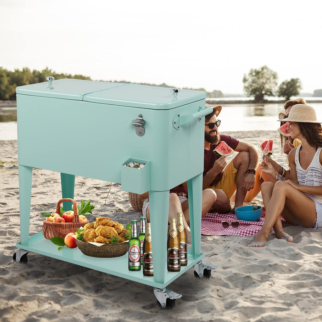 Outvita 80 Quart Rolling Ice Chest, Portable Bar Drink Cooler with Catch Basin, Bottom Storage Tray and Bottle Opener for Patio Party BBQ Beach Activities