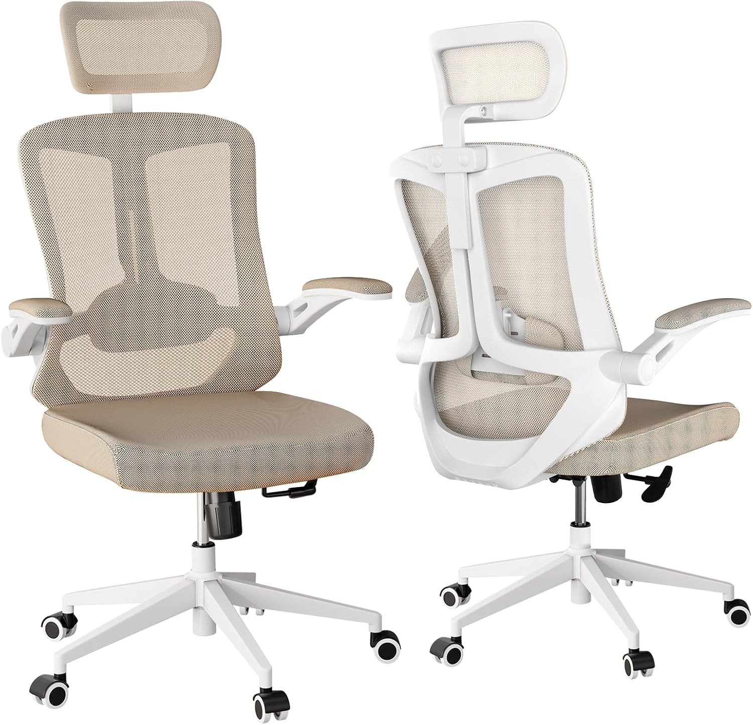 Ergonomic Office Chair with Adjustable Lumbar Support & Flip-Up Armrests - High Back Computer Desk Chair with Thickened Seat Cushion, Rolling Wheels for Home/Office Study Work (07khaki)