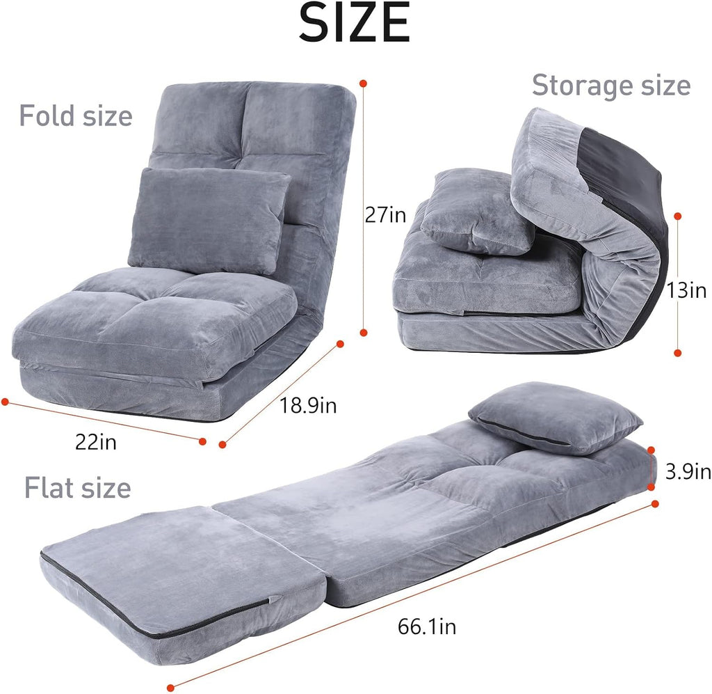 Indoor Chaise Lounge Sofa, Floor Chair with Back Support for Adults, 14 Angle Adjustment Recliner Chair, Folding Floor Lounger with Pillow 8823(Grey)